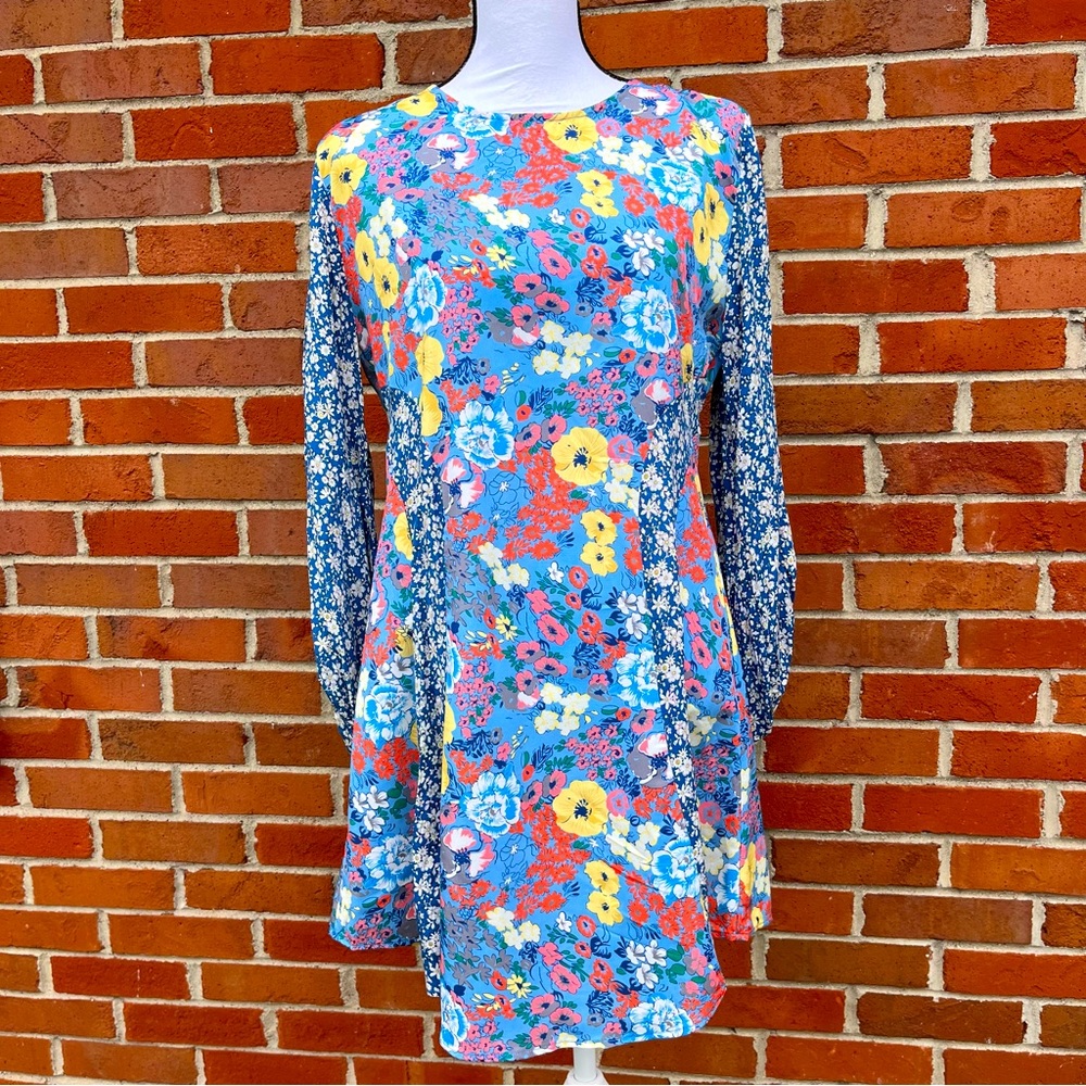 Umgee Patchwork Floral Print 3/4 Sleeve Cottagecore Boho Tunic Dress  Medium